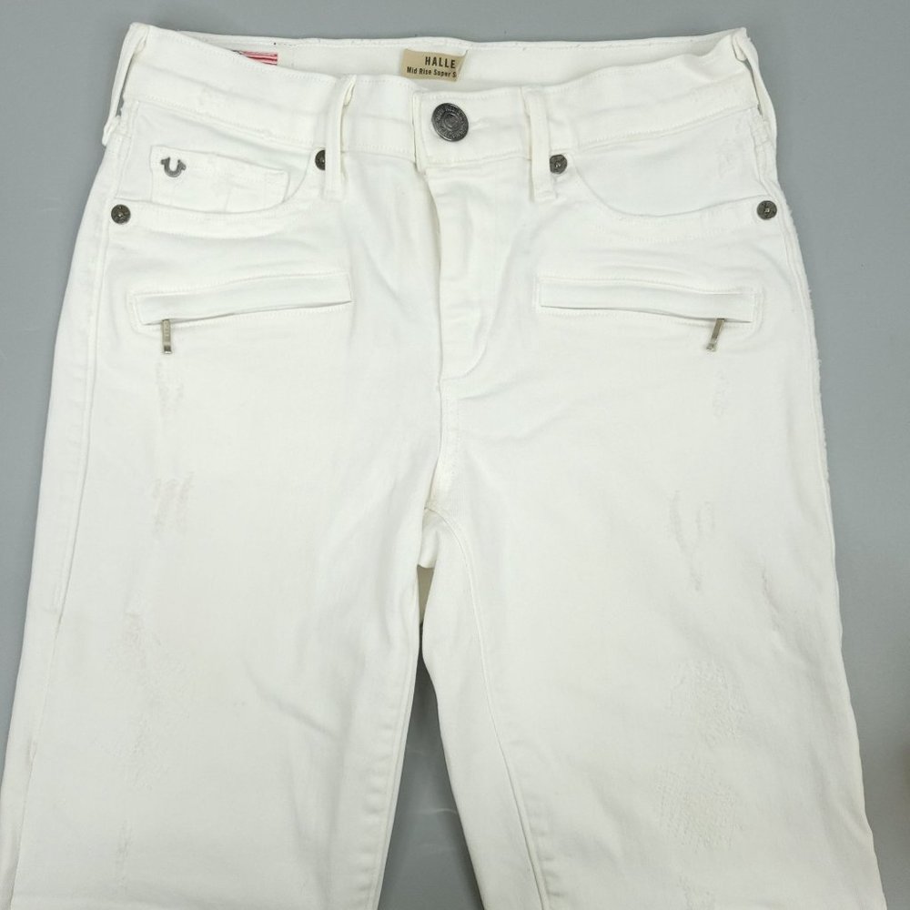 True Religion Halle Moto Jeans Size 26 Mid Rise Super Skinny White Distressed - Picture 15 of 15